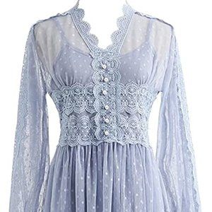 Women Puff Sleeve Floral Embroidery Lace Mesh Dress Size Small